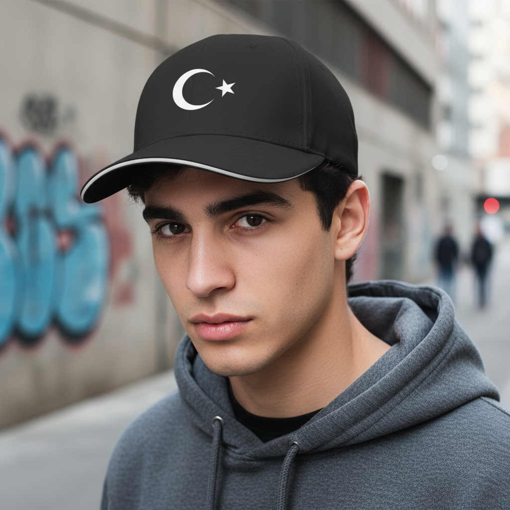 Crescent Star Cap — close up on person showing print