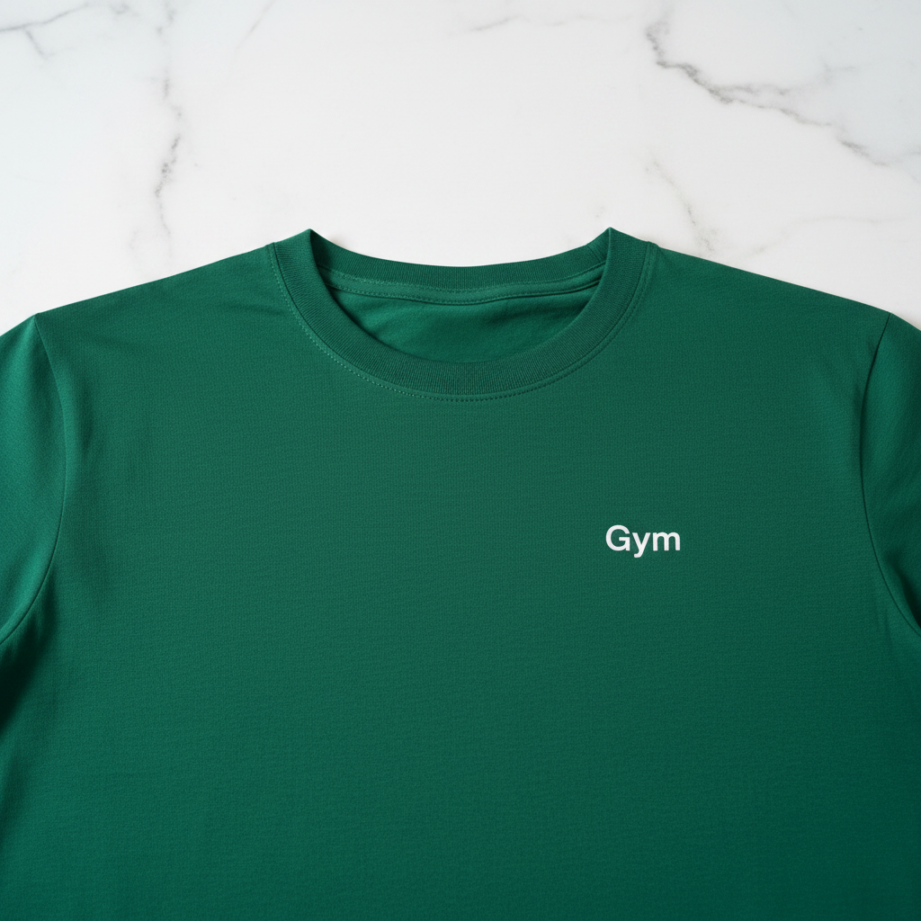 Gym Tee — close-up of white Gym print on forest green t-shirt