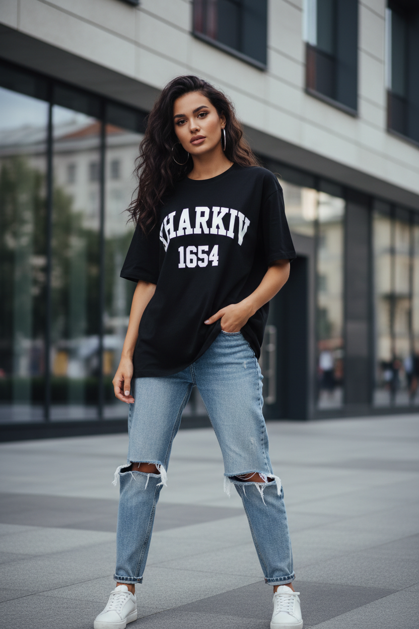 Kharkiv 1654 Tee — black oversized t-shirt worn by young woman, street style