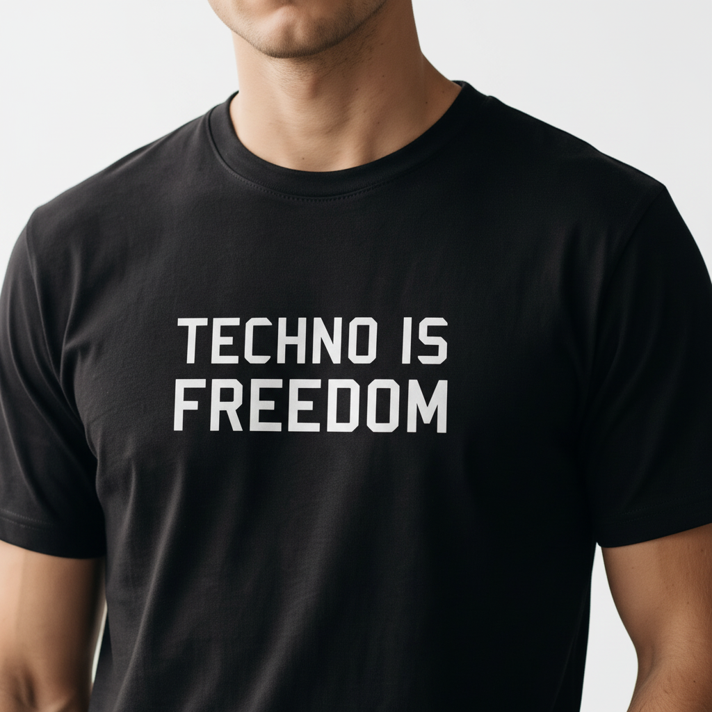 Techno Is Freedom Tee — close-up of TECHNO IS FREEDOM print on black t-shirt