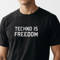 Techno Is Freedom Tee — close-up of TECHNO IS FREEDOM print on black t-shirt