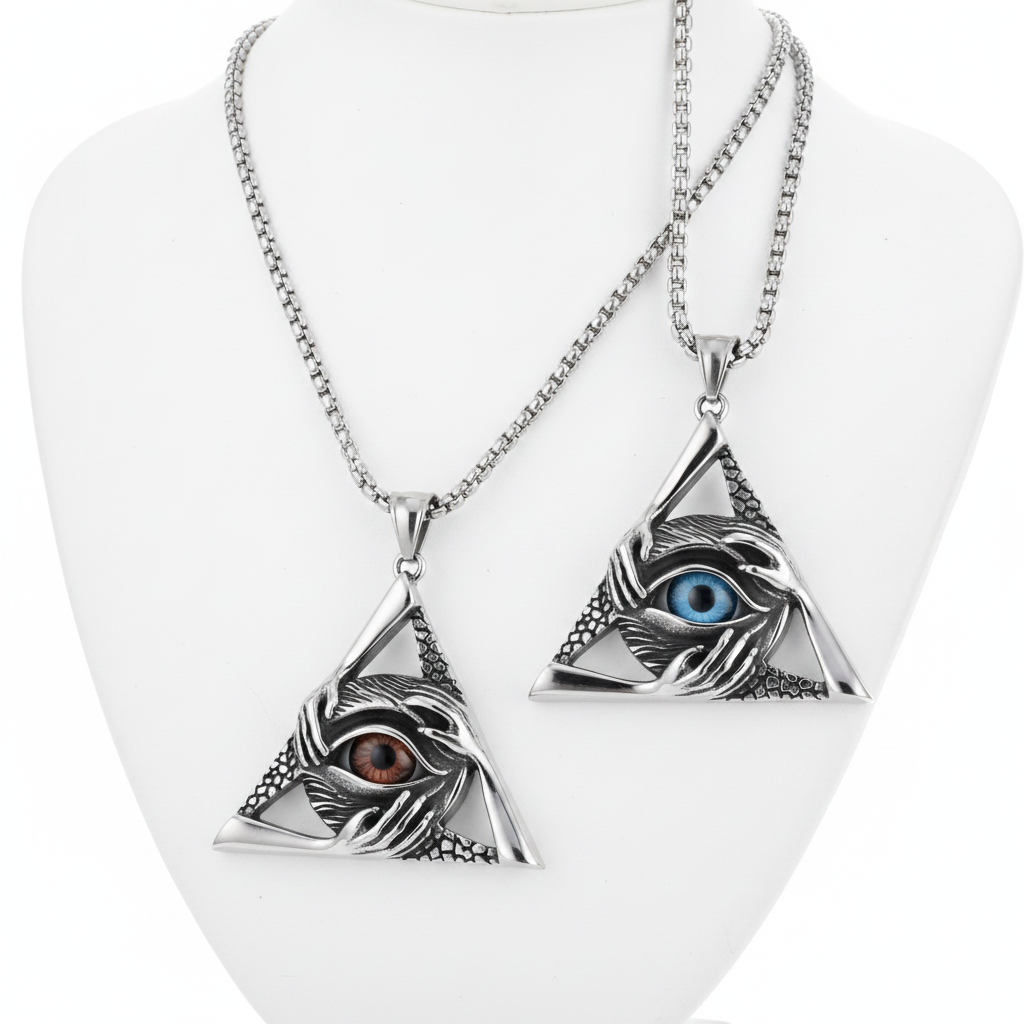 All-Seeing Eye Triangle Necklace on mannequin