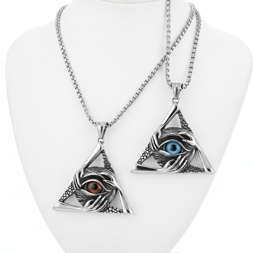 All-Seeing Eye Triangle Necklace on mannequin
