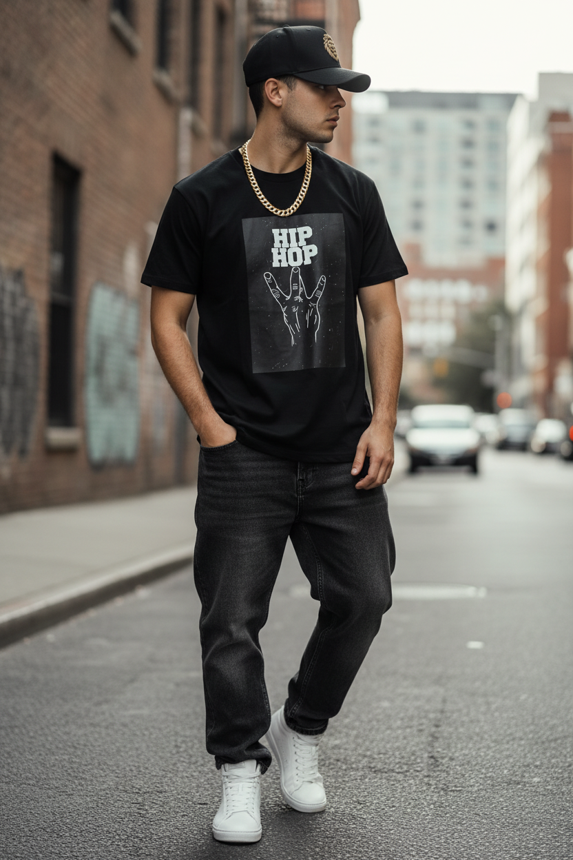 Hip Hop Graphic Tee worn by man on urban street