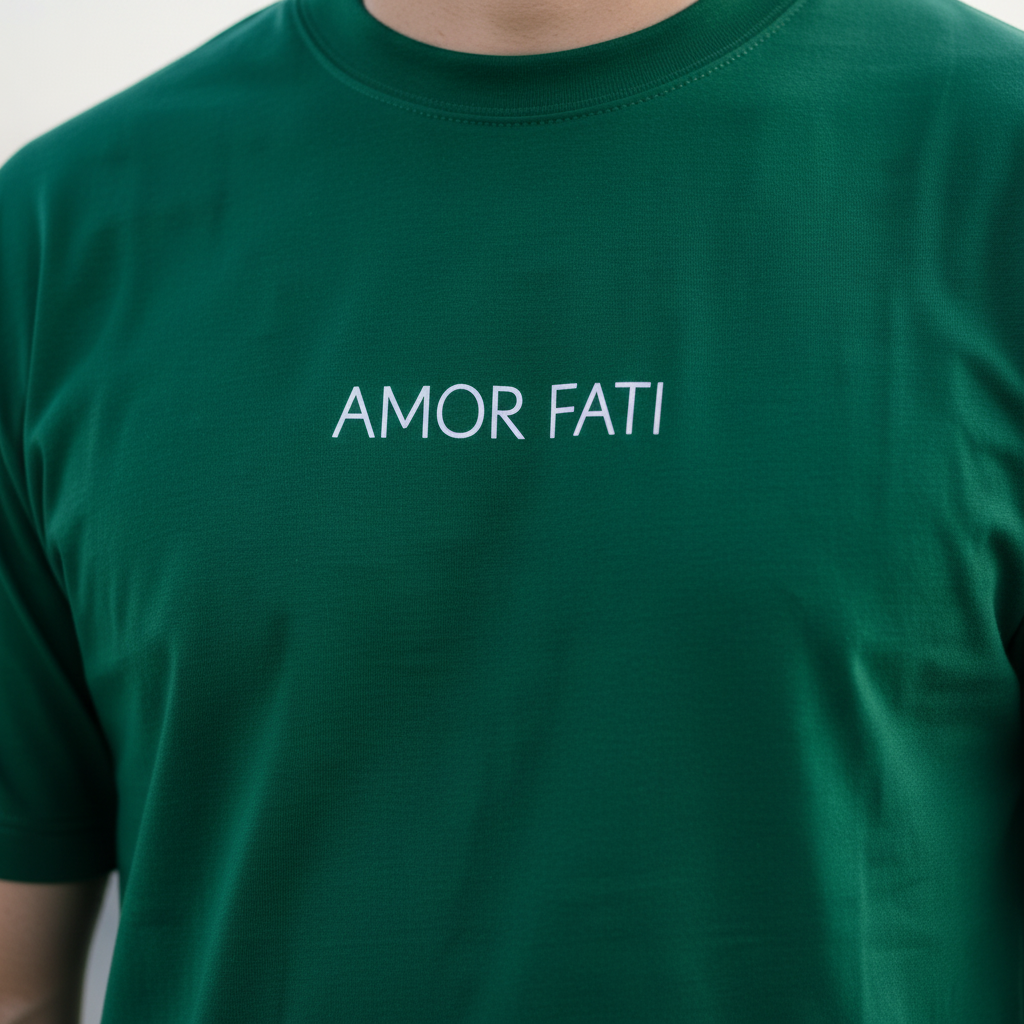 Amor Fati Tee — close-up of AMOR FATI print on forest green t-shirt