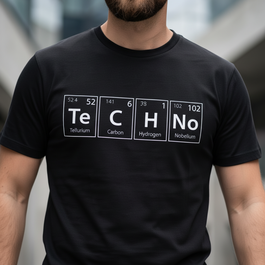 TeCHNo Elements Tee — close-up of periodic table print on black t-shirt
