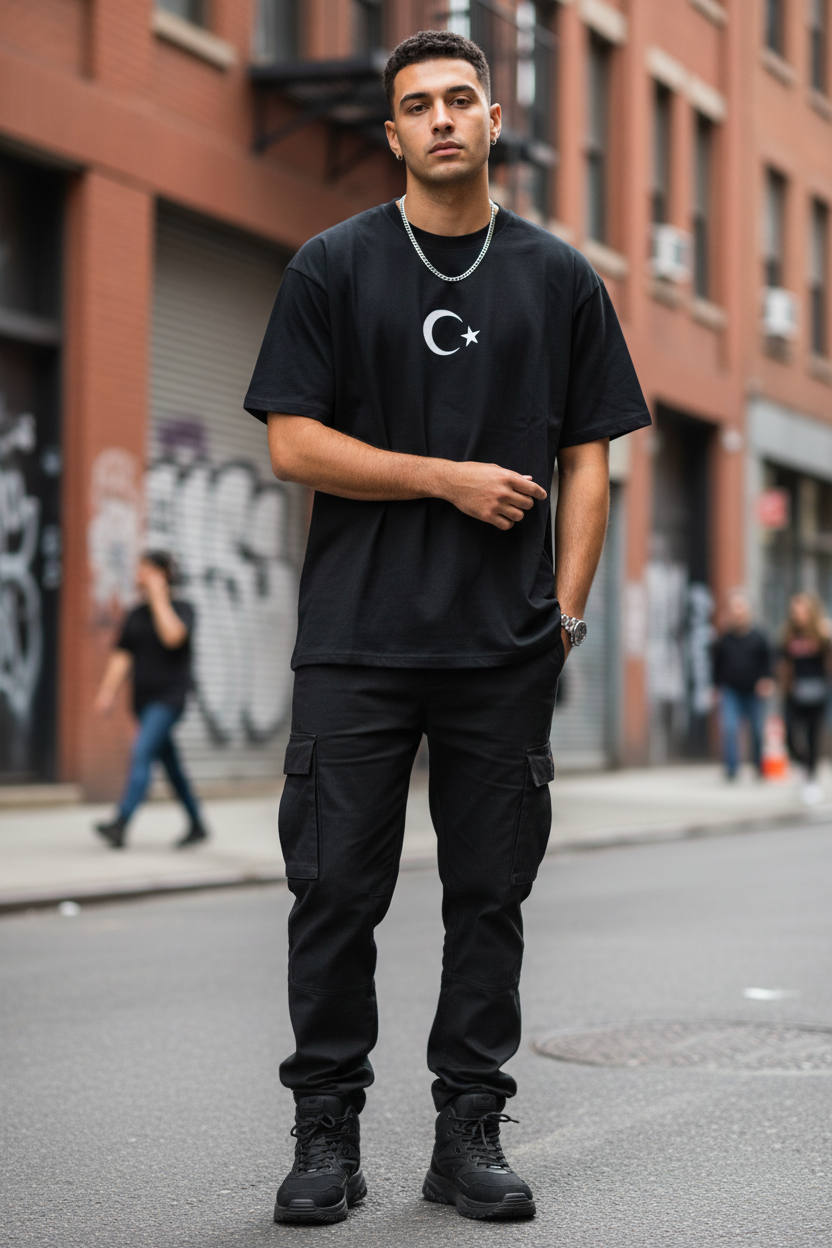 Crescent 46 Tee — front view on model, urban street