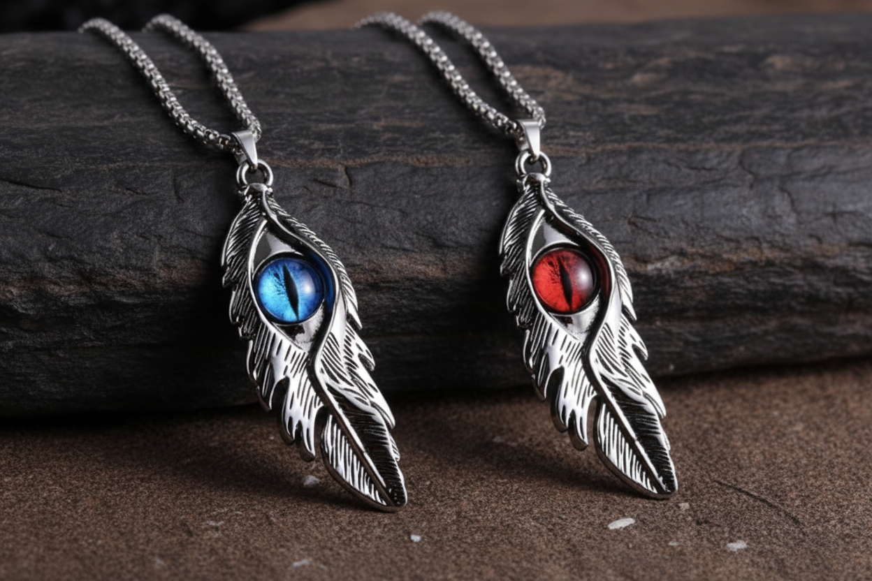 Dragon Eye Feather Necklace — blue and red variants side by side