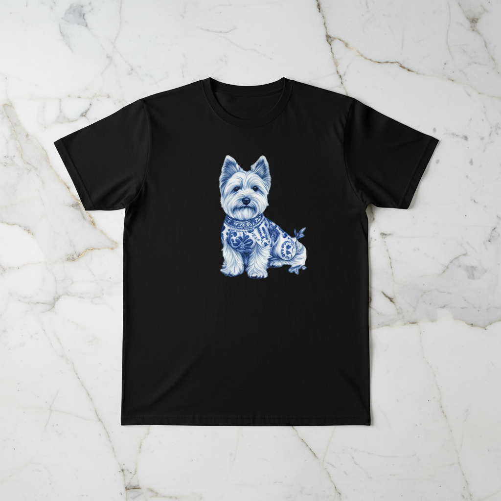 Blue Dog Print T-Shirt flat laid on white marble surface