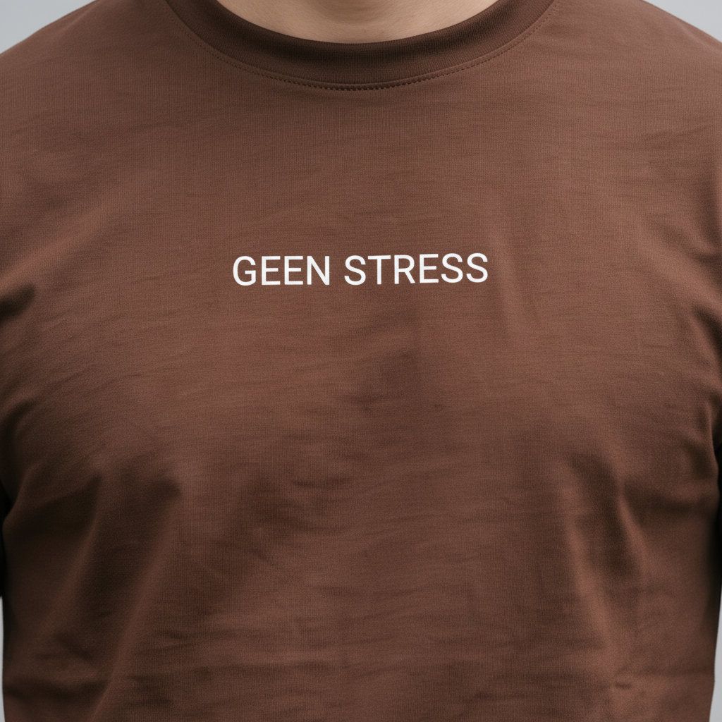 Geen Stress Tee — close-up of white GEEN STRESS print on chocolate brown t-shirt