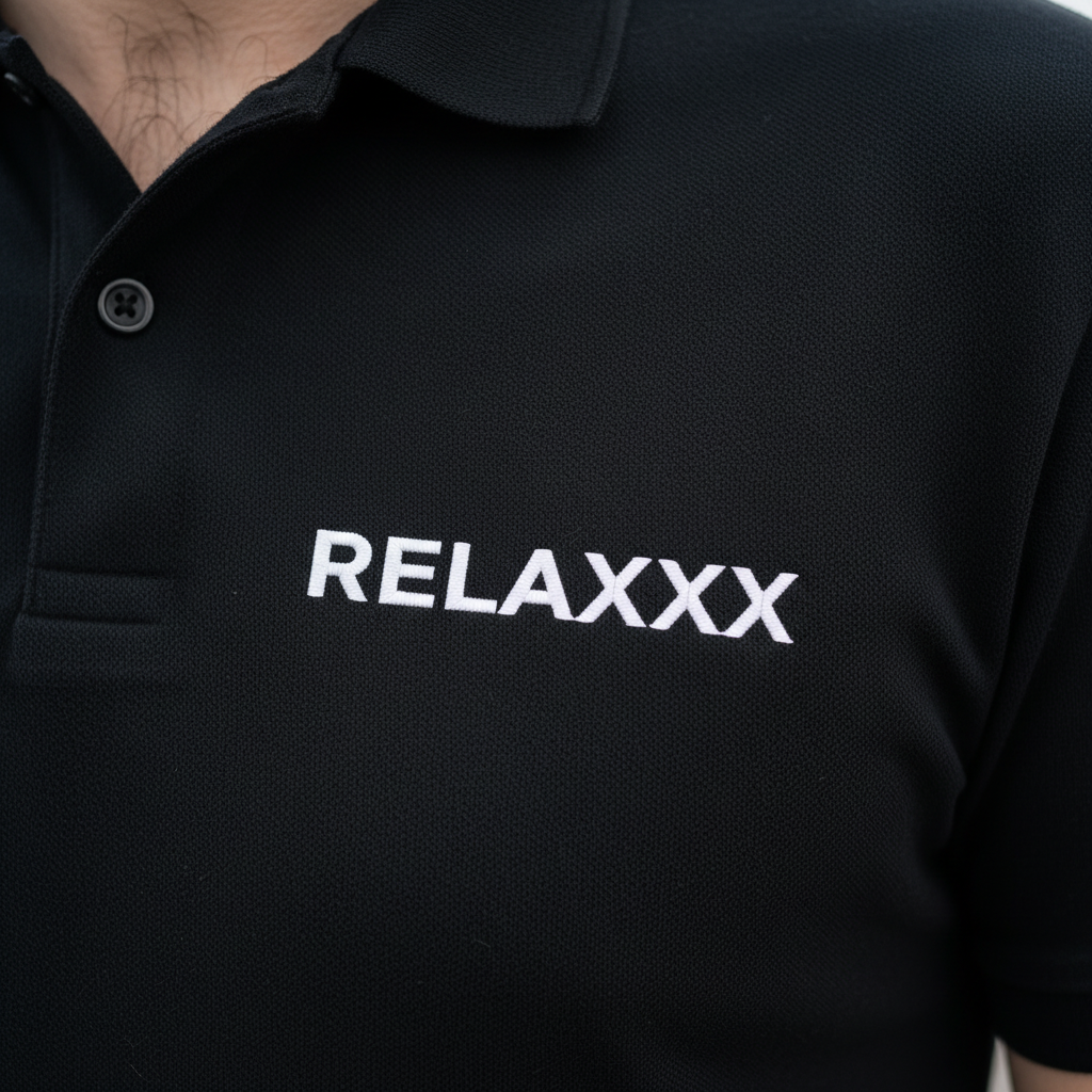 RELAXXX Polo — close-up of RELAXXX chest print on black polo shirt
