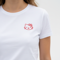 Hello Kitty Tee — close-up of red outline cat graphic print on white t-shirt