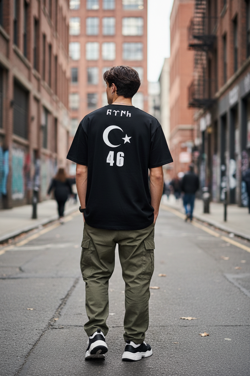 Crescent 46 Tee — back view on model showing full back print
