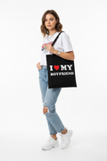 I Love My Boyfriend Tote Bag — worn on shoulder by stylish young woman, street style