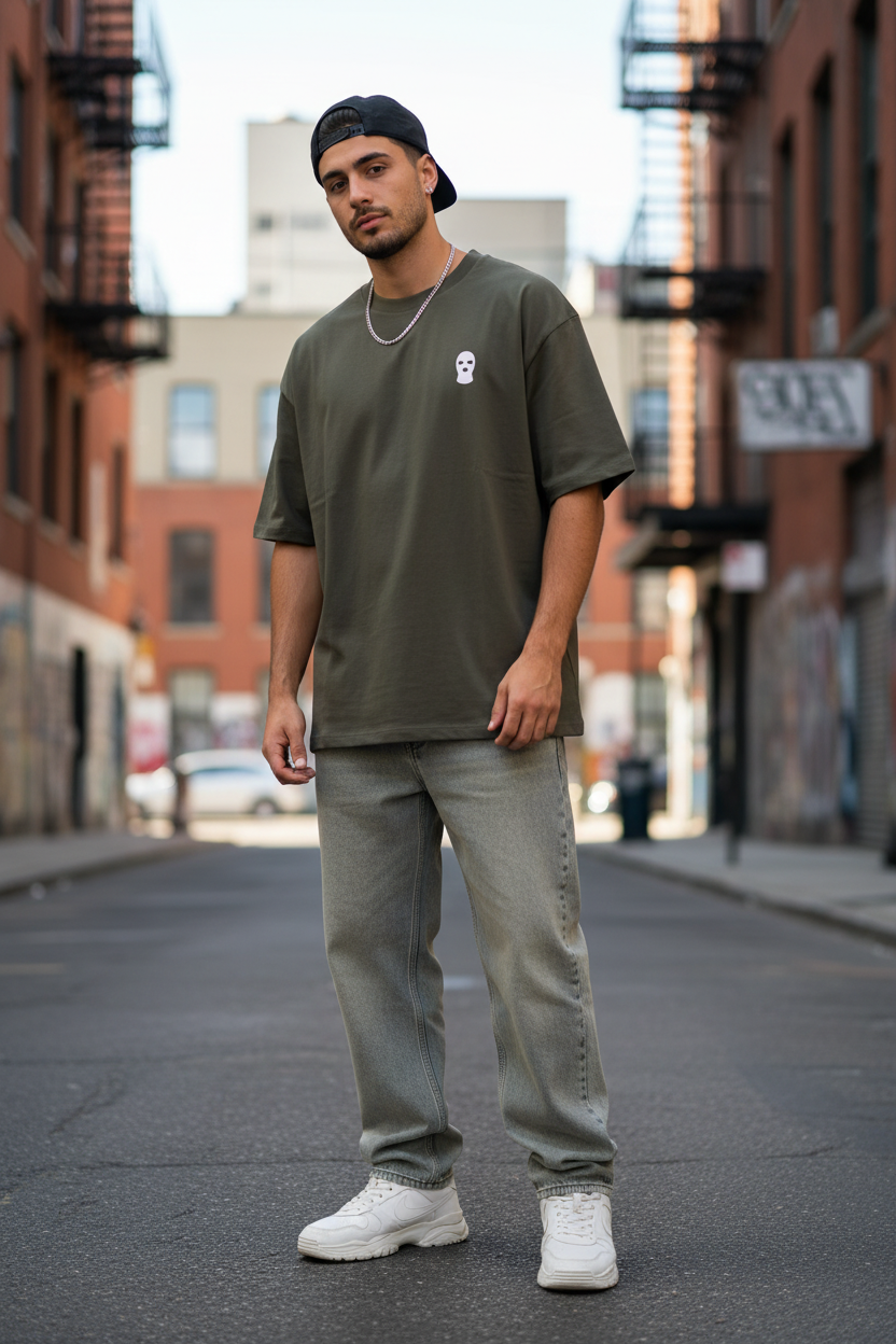 ID Ski Mask Tee worn by man on urban street