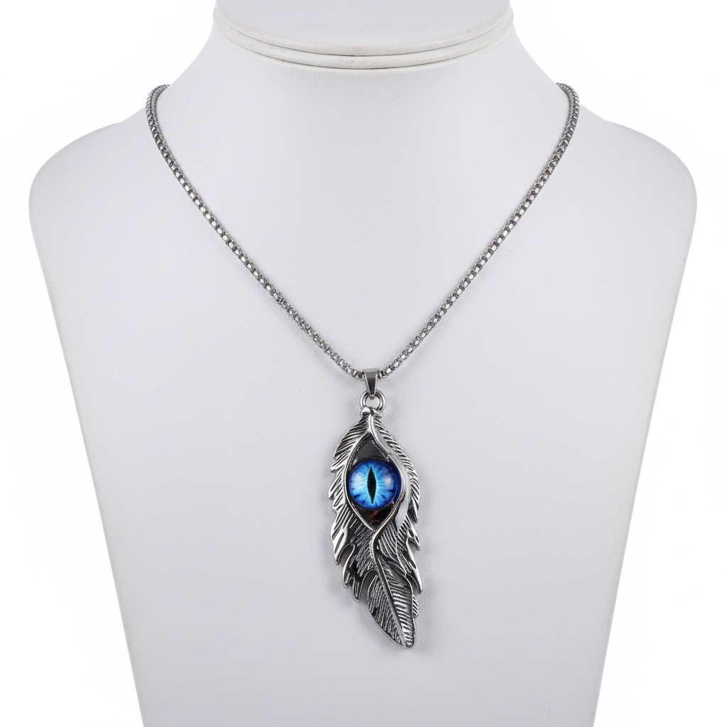 Dragon Eye Feather Necklace on mannequin
