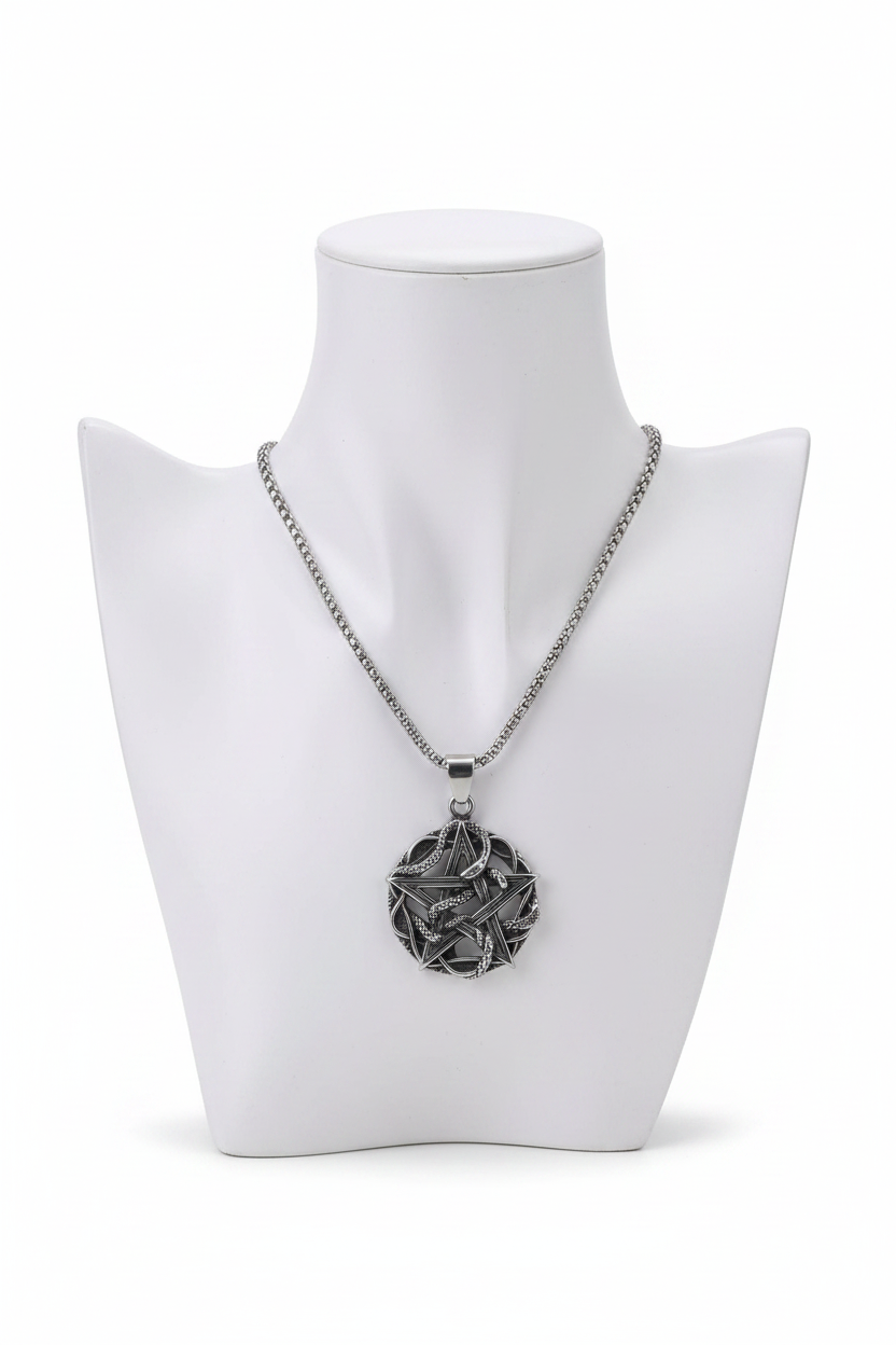 Serpent Star Pendant Necklace — on mannequin neck, white background