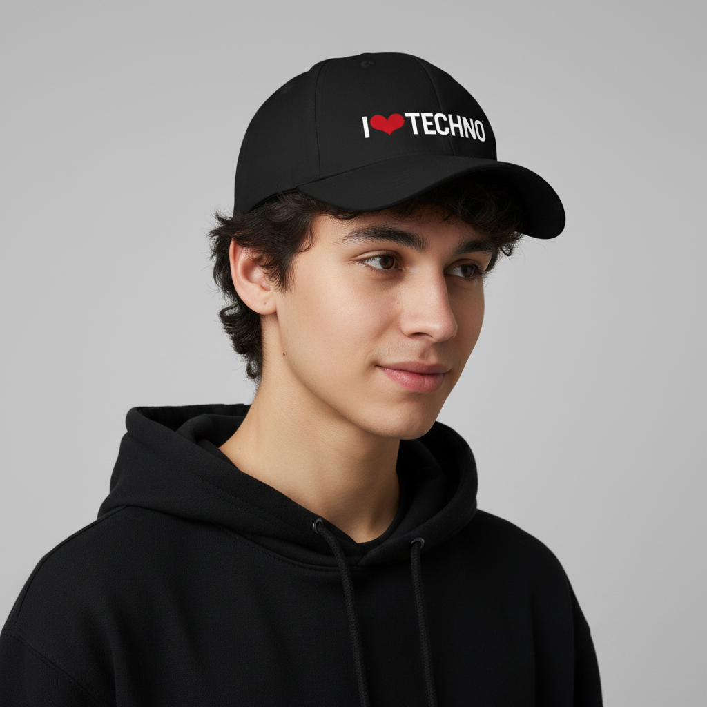 I Love Techno Cap on mannequin
