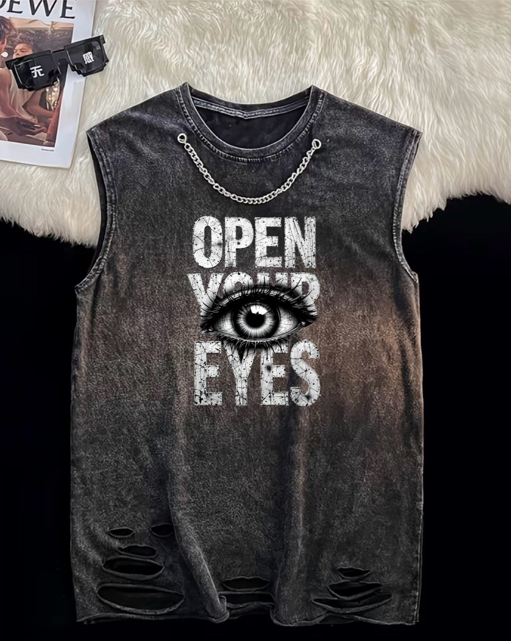 Open Your Eyes Acid Wash Tank — front with graphic print and chain