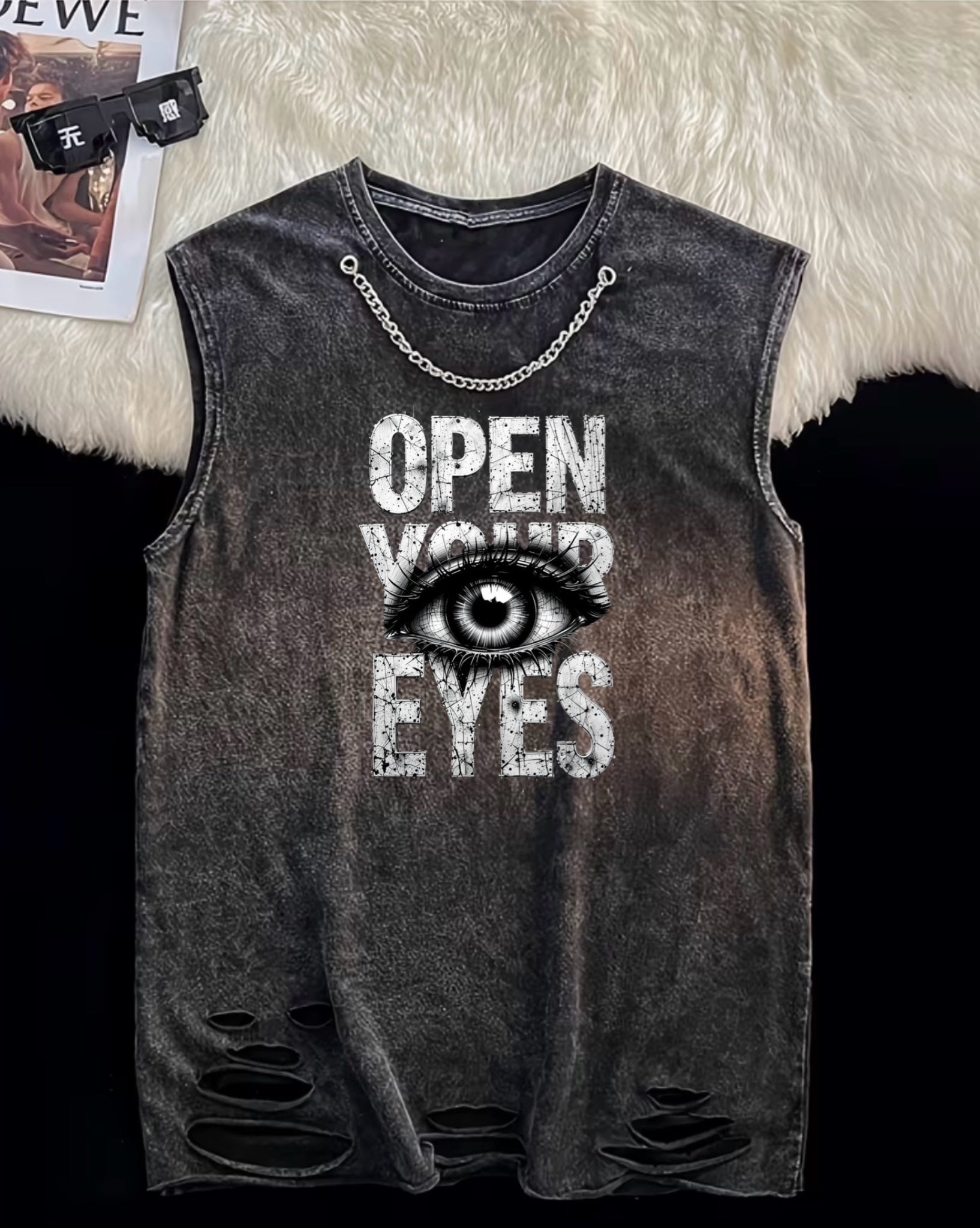 Open Your Eyes Acid Wash Tank — front with graphic print and chain