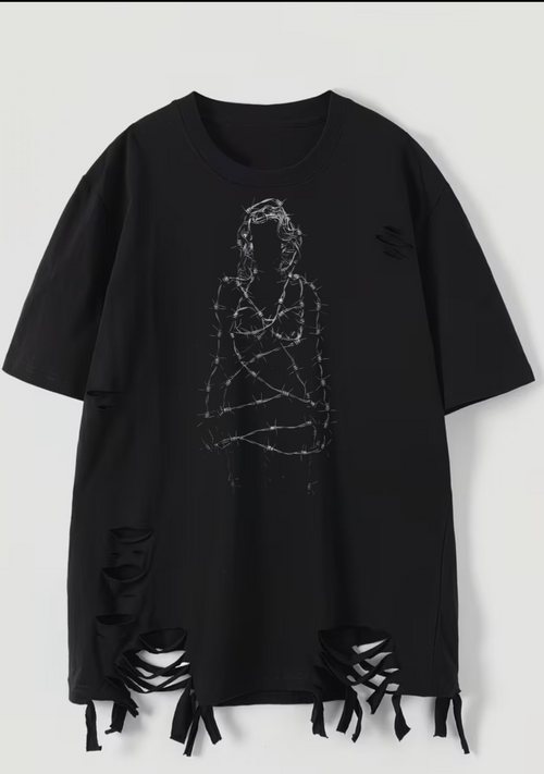 Barbed Wire Distressed Tee — front with graphic print