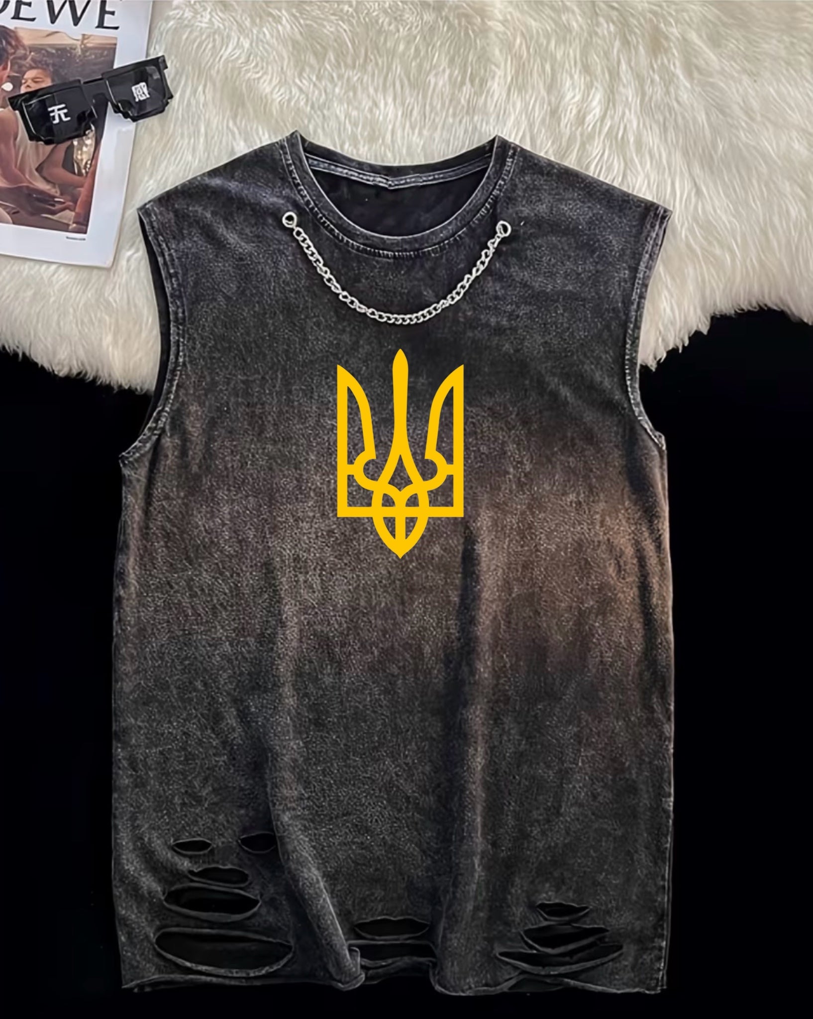 Tryzub Acid Wash Tank — front with golden Tryzub print and chain detail