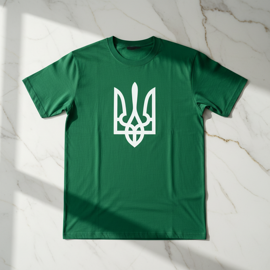 Ukraine Trident Tee flat lay on marble
